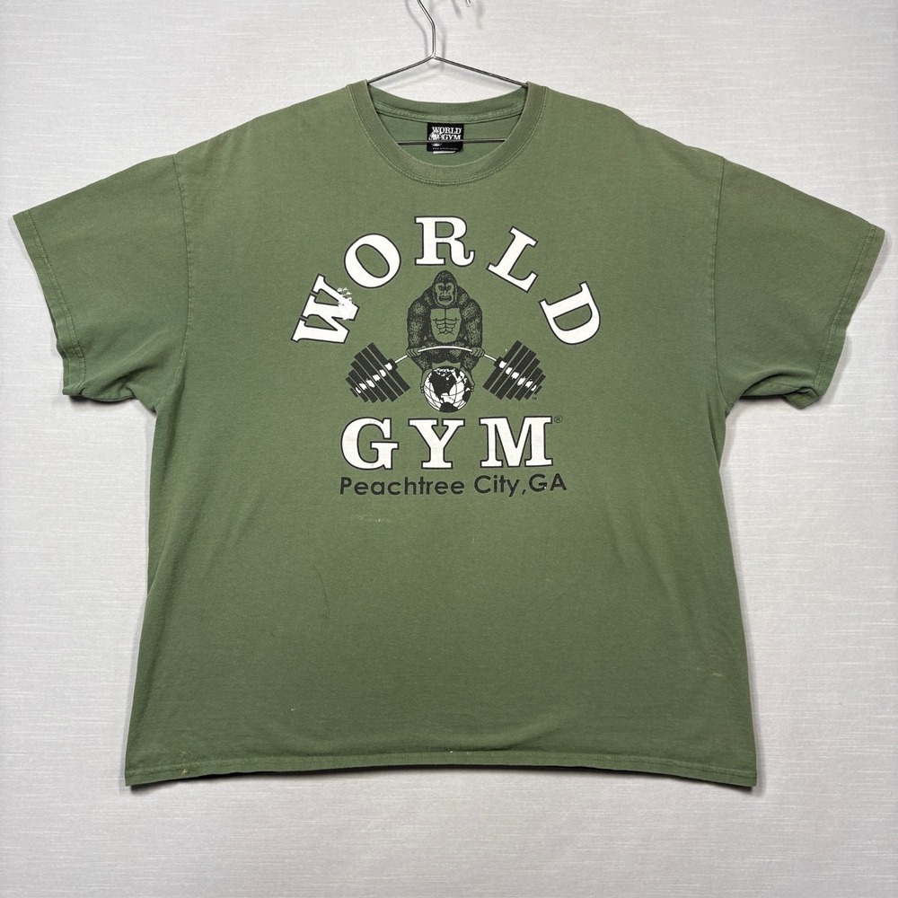 World Gym Bodybuilding Shirt Men 2X Green Peachtree Georgia Stained